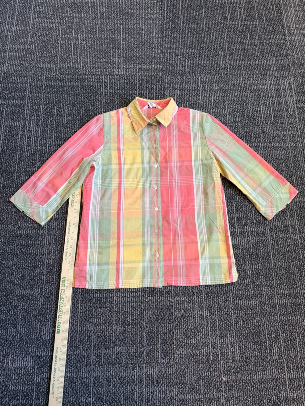 Alia Sport Women Shirt 8 Medium 3/4 Long Sleeve Yellow Green Pink Plaid Casual